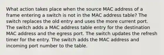 What action takes place when the source MAC address of a frame entering a switch is not in the MAC address table? The switch replaces the old entry and uses the more current port. The switch adds a MAC address table entry for the destination MAC address and the egress port. The switch updates the refresh timer for the entry. The switch adds the MAC address and incoming port number to the table.