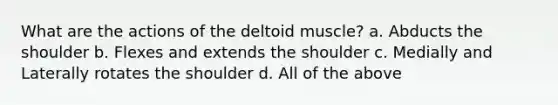 What are the actions of the deltoid muscle? a. Abducts the shoulder b. Flexes and extends the shoulder c. Medially and Laterally rotates the shoulder d. All of the above