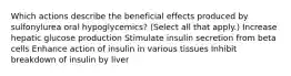 Which actions describe the beneficial effects produced by sulfonylurea oral hypoglycemics? (Select all that apply.) Increase hepatic glucose production Stimulate insulin secretion from beta cells Enhance action of insulin in various tissues Inhibit breakdown of insulin by liver