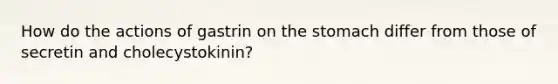 How do the actions of gastrin on the stomach differ from those of secretin and cholecystokinin?