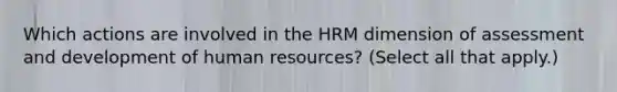 Which actions are involved in the HRM dimension of assessment and development of human resources? (Select all that apply.)