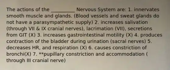 The actions of the __________ <a href='https://www.questionai.com/knowledge/kThdVqrsqy-nervous-system' class='anchor-knowledge'>nervous system</a> are: 1. innervates smooth muscle and glands. (<a href='https://www.questionai.com/knowledge/kZJ3mNKN7P-blood-vessels' class='anchor-knowledge'>blood vessels</a> and sweat glands do not have a parasympathetic supply) 2. increases salivation (through VII & IX <a href='https://www.questionai.com/knowledge/kE0S4sPl98-cranial-nerves' class='anchor-knowledge'>cranial nerves</a>), lacrimation (VII), secretions from GIT (X) 3. increases gastrointestinal motility (X) 4. produces contraction of the bladder during urination (sacral nerves) 5. decreases HR, and respiration (X) 6. causes constriction of bronchi(X) 7. **pupillary constriction and accommodation ( through III cranial nerve)