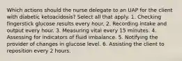 Which actions should the nurse delegate to an UAP for the client with diabetic ketoacidosis? Select all that apply. 1. Checking fingerstick glucose results every hour. 2. Recording intake and output every hour. 3. Measuring vital every 15 minutes. 4. Assessing for indicators of fluid imbalance. 5. Notifying the provider of changes in glucose level. 6. Assisting the client to reposition every 2 hours.