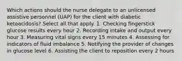 Which actions should the nurse delegate to an unlicensed assistive personnel (UAP) for the client with diabetic ketoacidosis? Select all that apply. 1. Checking fingerstick glucose results every hour 2. Recording intake and output every hour 3. Measuring vital signs every 15 minutes 4. Assessing for indicators of fluid imbalance 5. Notifying the provider of changes in glucose level 6. Assisting the client to reposition every 2 hours