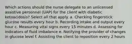 Which actions should the nurse delegate to an unlicensed assistive personnel (UAP) for the client with diabetic ketoacidosis? Select all that apply. a. Checking fingerstick glucose results every hour b. Recording intake and output every hour c. Measuring vital signs every 15 minutes d. Assessing for indicators of fluid imbalance e. Notifying the provider of changes in glucose level f. Assisting the client to reposition every 2 hours