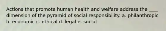 Actions that promote human health and welfare address the ____ dimension of the pyramid of social responsibility. a. philanthropic b. economic c. ethical d. legal e. social