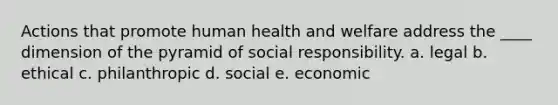 Actions that promote human health and welfare address the ____ dimension of the pyramid of social responsibility. a. legal b. ethical c. philanthropic d. social e. economic