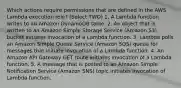 Which actions require permissions that are defined in the AWS Lambda execution role? (Select TWO) 1. A Lambda function writes to an Amazon DynamoDB table. 2. An object that is written to an Amazon Simple Storage Service (Amazon S3) bucket initiates invocation of a Lambda function. 3. Lambda polls an Amazon Simple Queue Service (Amazon SQS) queue for messages that initiate invocation of a Lambda function. 4. An Amazon API Gateway GET route initiates invocation of a Lambda function. 5. A message that is posted to an Amazon Simple Notification Service (Amazon SNS) topic initiates invocation of Lambda function.