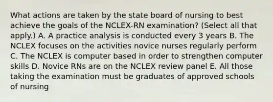 What actions are taken by the state board of nursing to best achieve the goals of the NCLEX-RN examination? (Select all that apply.) A. A practice analysis is conducted every 3 years B. The NCLEX focuses on the activities novice nurses regularly perform C. The NCLEX is computer based in order to strengthen computer skills D. Novice RNs are on the NCLEX review panel E. All those taking the examination must be graduates of approved schools of nursing