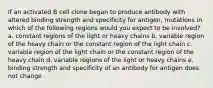 If an activated B cell clone began to produce antibody with altered binding strength and specificity for antigen, mutations in which of the following regions would you expect to be involved? a. constant regions of the light or heavy chains b. variable region of the heavy chain or the constant region of the light chain c. variable region of the light chain or the constant region of the heavy chain d. variable regions of the light or heavy chains e. binding strength and specificity of an antibody for antigen does not change