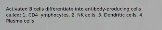 Activated B cells differentiate into antibody-producing cells called: 1. CD4 lymphocytes. 2. NK cells. 3. Dendritic cells. 4. Plasma cells