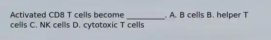 Activated CD8 T cells become __________. A. B cells B. helper T cells C. NK cells D. cytotoxic T cells