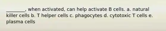 ________, when activated, can help activate B cells. a. natural killer cells b. T helper cells c. phagocytes d. cytotoxic T cells e. plasma cells