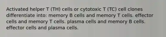 Activated helper T (TH) cells or cytotoxic T (TC) cell clones differentiate into: memory B cells and memory T cells. effector cells and memory T cells. plasma cells and memory B cells. effector cells and plasma cells.