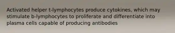 Activated helper t-lymphocytes produce cytokines, which may stimulate b-lymphocytes to proliferate and differentiate into plasma cells capable of producing antibodies