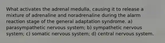 What activates the adrenal medulla, causing it to release a mixture of adrenaline and noradrenaline during the alarm reaction stage of the general adaptation syndrome. a) parasympathetic nervous system; b) sympathetic nervous system; c) somatic nervous system; d) central nervous system.