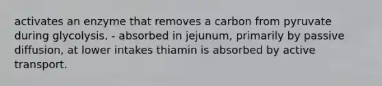 activates an enzyme that removes a carbon from pyruvate during glycolysis. - absorbed in jejunum, primarily by passive diffusion, at lower intakes thiamin is absorbed by active transport.