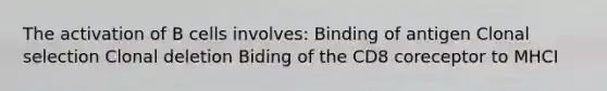 The activation of B cells involves: Binding of antigen Clonal selection Clonal deletion Biding of the CD8 coreceptor to MHCI
