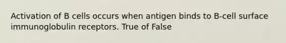 Activation of B cells occurs when antigen binds to B-cell surface immunoglobulin receptors. True of False