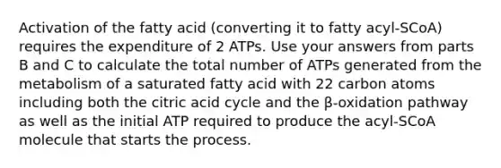 Activation of the fatty acid (converting it to fatty acyl-SCoA) requires the expenditure of 2 ATPs. Use your answers from parts B and C to calculate the total number of ATPs generated from the metabolism of a saturated fatty acid with 22 carbon atoms including both the citric acid cycle and the β-oxidation pathway as well as the initial ATP required to produce the acyl-SCoA molecule that starts the process.