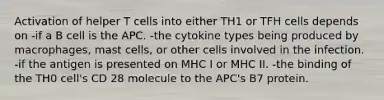 Activation of helper T cells into either TH1 or TFH cells depends on -if a B cell is the APC. -the cytokine types being produced by macrophages, mast cells, or other cells involved in the infection. -if the antigen is presented on MHC I or MHC II. -the binding of the TH0 cell's CD 28 molecule to the APC's B7 protein.