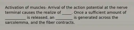 Activation of muscles- Arrival of the action potential at the nerve terminal causes the realize of _____. Once a sufficient amount of ___________ is released, an _________ is generated across the sarcolemma, and the fiber contracts.