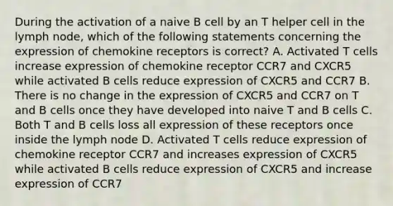 During the activation of a naive B cell by an T helper cell in the lymph node, which of the following statements concerning the expression of chemokine receptors is correct? A. Activated T cells increase expression of chemokine receptor CCR7 and CXCR5 while activated B cells reduce expression of CXCR5 and CCR7 B. There is no change in the expression of CXCR5 and CCR7 on T and B cells once they have developed into naive T and B cells C. Both T and B cells loss all expression of these receptors once inside the lymph node D. Activated T cells reduce expression of chemokine receptor CCR7 and increases expression of CXCR5 while activated B cells reduce expression of CXCR5 and increase expression of CCR7