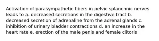 Activation of parasympathetic fibers in pelvic splanchnic nerves leads to a. decreased secretions in the digestive tract b. decreased secretion of adrenaline from the adrenal glands c. inhibition of <a href='https://www.questionai.com/knowledge/kb9SdfFdD9-urinary-bladder' class='anchor-knowledge'>urinary bladder</a> contractions d. an increase in <a href='https://www.questionai.com/knowledge/kya8ocqc6o-the-heart' class='anchor-knowledge'>the heart</a> rate e. erection of the male penis and female clitoris