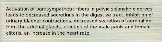 Activation of parasympathetic fibers in pelvic splanchnic nerves leads to decreased secretions in the digestive tract. inhibition of urinary bladder contractions. decreased secretion of adrenaline from the adrenal glands. erection of the male penis and female clitoris. an increase in the heart rate.