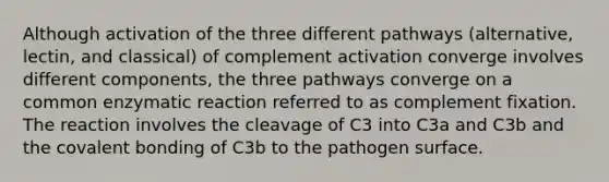 Although activation of the three different pathways (alternative, lectin, and classical) of complement activation converge involves different components, the three pathways converge on a common enzymatic reaction referred to as complement fixation. The reaction involves the cleavage of C3 into C3a and C3b and the covalent bonding of C3b to the pathogen surface.