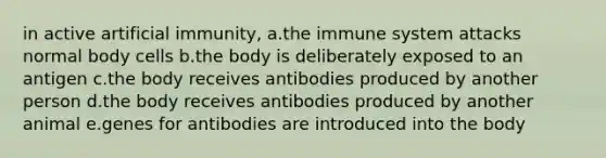 in active artificial immunity, a.the immune system attacks normal body cells b.the body is deliberately exposed to an antigen c.the body receives antibodies produced by another person d.the body receives antibodies produced by another animal e.genes for antibodies are introduced into the body