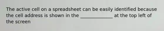 The active cell on a spreadsheet can be easily identified because the cell address is shown in the ______________ at the top left of the screen