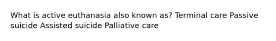 What is active euthanasia also known as? Terminal care Passive suicide Assisted suicide Palliative care