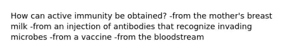 How can active immunity be obtained? -from the mother's breast milk -from an injection of antibodies that recognize invading microbes -from a vaccine -from the bloodstream