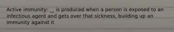 Active immunity: __ is produced when a person is exposed to an infectious agent and gets over that sickness, building up an immunity against it