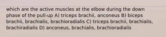 which are the active muscles at the elbow during the down phase of the pull-up A) triceps brachii, anconeus B) biceps brachii, brachialis, brachioradialis C) triceps brachii, brachialis, brachiradialis D) anconeus, brachialis, brachioradialis