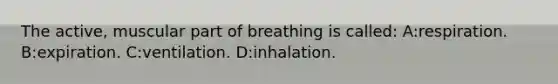 The active, muscular part of breathing is called: A:respiration. B:expiration. C:ventilation. D:inhalation.