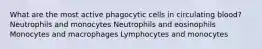 What are the most active phagocytic cells in circulating blood? Neutrophils and monocytes Neutrophils and eosinophils Monocytes and macrophages Lymphocytes and monocytes