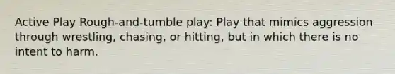 Active Play Rough-and-tumble play: Play that mimics aggression through wrestling, chasing, or hitting, but in which there is no intent to harm.