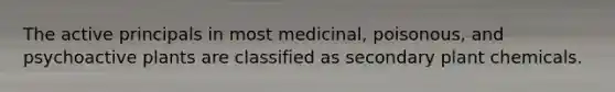 The active principals in most medicinal, poisonous, and psychoactive plants are classified as secondary plant chemicals.