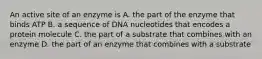 An active site of an enzyme is A. the part of the enzyme that binds ATP B. a sequence of DNA nucleotides that encodes a protein molecule C. the part of a substrate that combines with an enzyme D. the part of an enzyme that combines with a substrate