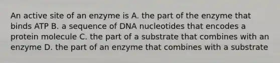 An active site of an enzyme is A. the part of the enzyme that binds ATP B. a sequence of DNA nucleotides that encodes a protein molecule C. the part of a substrate that combines with an enzyme D. the part of an enzyme that combines with a substrate