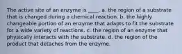 The active site of an enzyme is ____. a. the region of a substrate that is changed during a chemical reaction. b. the highly changeable portion of an enzyme that adapts to fit the substrate for a wide variety of reactions. c. the region of an enzyme that physically interacts with the substrate. d. the region of the product that detaches from the enzyme.