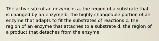 The active site of an enzyme is a. the region of a substrate that is changed by an enzyme b. the highly changeable portion of an enzyme that adapts to fit the substrates of reactions c. the region of an enzyme that attaches to a substrate d. the region of a product that detaches from the enzyme