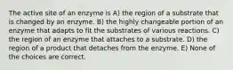 The active site of an enzyme is A) the region of a substrate that is changed by an enzyme. B) the highly changeable portion of an enzyme that adapts to fit the substrates of various reactions. C) the region of an enzyme that attaches to a substrate. D) the region of a product that detaches from the enzyme. E) None of the choices are correct.