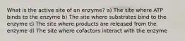 What is the active site of an enzyme? a) The site where ATP binds to the enzyme b) The site where substrates bind to the enzyme c) The site where products are released from the enzyme d) The site where cofactors interact with the enzyme