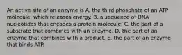 An active site of an enzyme is A. the third phosphate of an ATP molecule, which releases energy. B. a sequence of DNA nucleotides that encodes a protein molecule. C. the part of a substrate that combines with an enzyme. D. the part of an enzyme that combines with a product. E. the part of an enzyme that binds ATP.