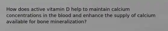 How does active vitamin D help to maintain calcium concentrations in the blood and enhance the supply of calcium available for bone mineralization?