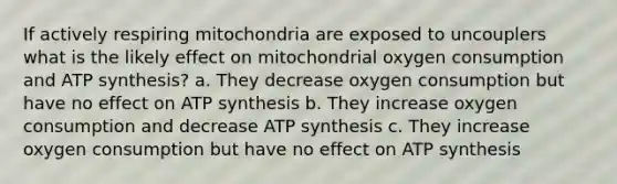 If actively respiring mitochondria are exposed to uncouplers what is the likely effect on mitochondrial oxygen consumption and <a href='https://www.questionai.com/knowledge/kx3XpCJrFz-atp-synthesis' class='anchor-knowledge'>atp synthesis</a>? a. They decrease oxygen consumption but have no effect on ATP synthesis b. They increase oxygen consumption and decrease ATP synthesis c. They increase oxygen consumption but have no effect on ATP synthesis