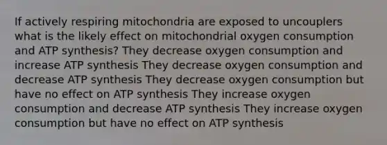 If actively respiring mitochondria are exposed to uncouplers what is the likely effect on mitochondrial oxygen consumption and ATP synthesis? They decrease oxygen consumption and increase ATP synthesis They decrease oxygen consumption and decrease ATP synthesis They decrease oxygen consumption but have no effect on ATP synthesis They increase oxygen consumption and decrease ATP synthesis They increase oxygen consumption but have no effect on ATP synthesis